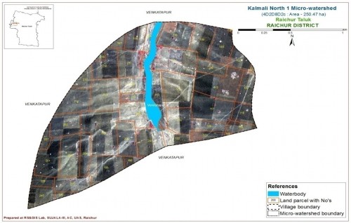 Cadastral map overlaid on Cartosat-I merged with LISS IV covering Kalmali North-1 micro watershed